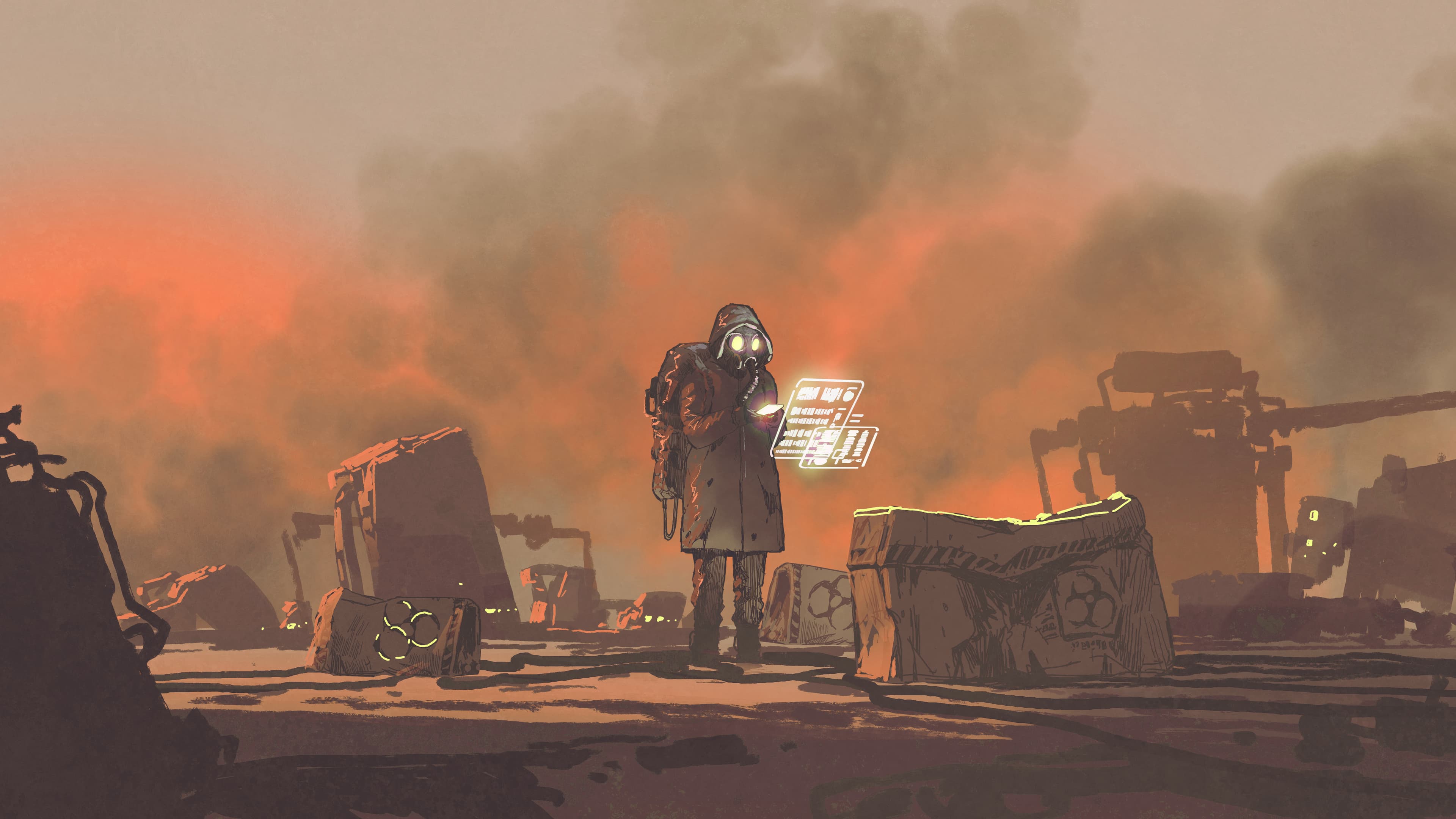 Background image picturing a Glitchweaver in a smog-filled wasteland