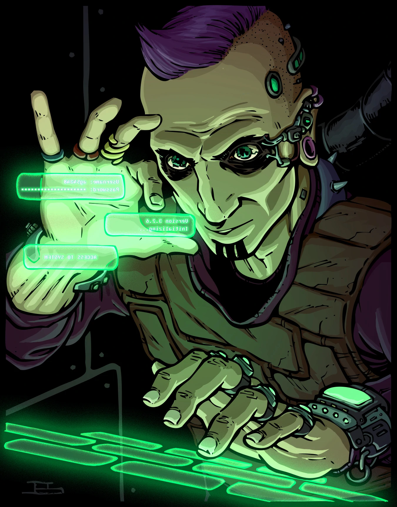 Illustration of a hacker interfacing with some computers